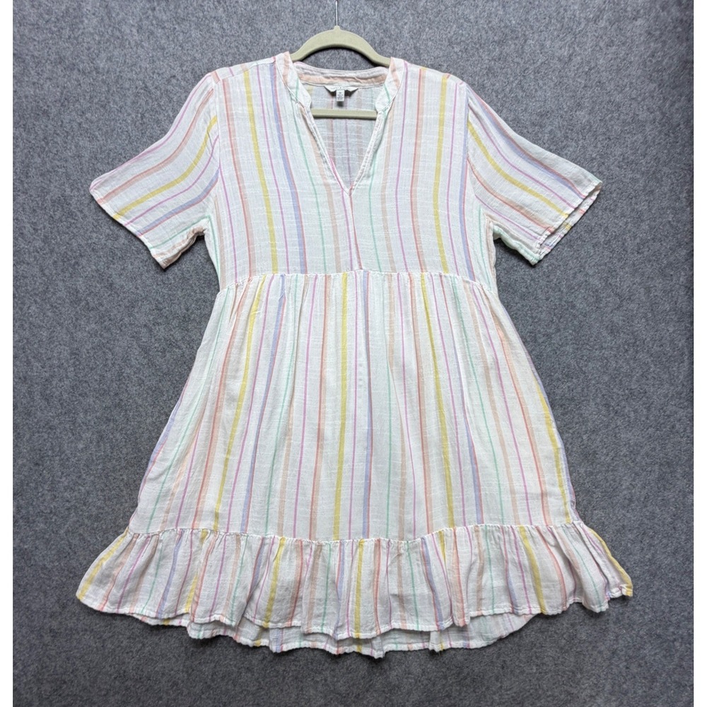 Lucky Brand Pastel Rainbow Stripe Babydoll Dress Medium White Ruffle Hem Mini
